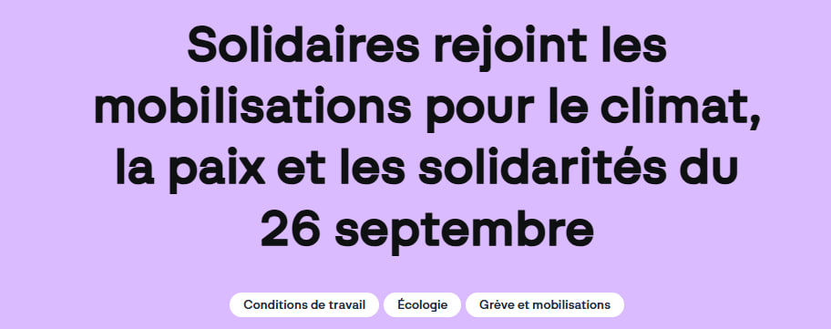 Bandeau du communiqué sur solidaires.org : sur fond mauve, le titre « Solidaires rejoint les mobilisations pour le climat, la paix et les solidarités du 26 septembre », suivi des étiquettes Conditions de travail, Écologie, Grève et mobilisations.