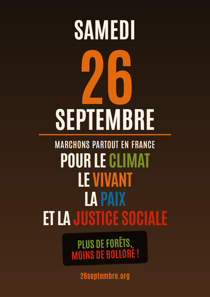 Affiche du 26 septembre — Plus de forêts, moins de Bolloré !