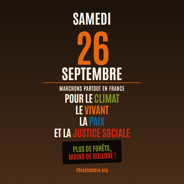 Visuel carré du 26 septembre — Plus de forêts, moins de Bolloré !