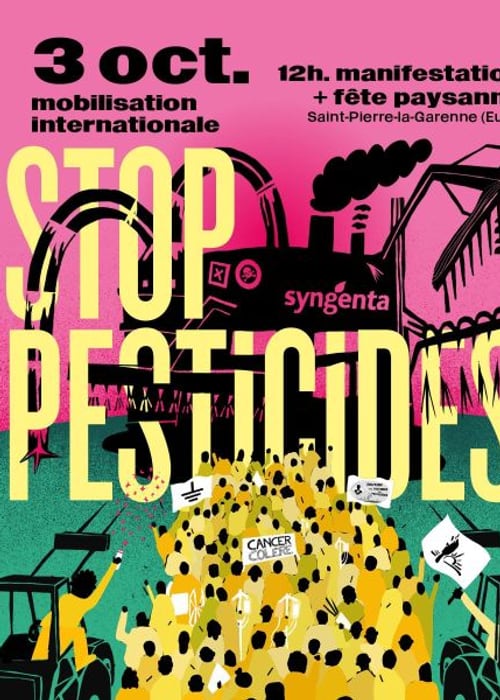 Affiche « Stop pesticides » : 3 octobre, mobilisation internationale, 12 h manifestation et fête paysanne, Saint-Pierre-la-Garenne (Eure).