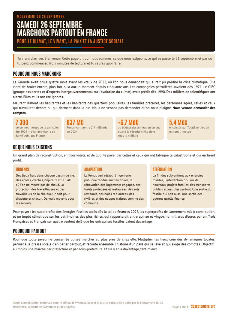 Première page du document « Bienvenue dans le mouvement du 26 septembre »