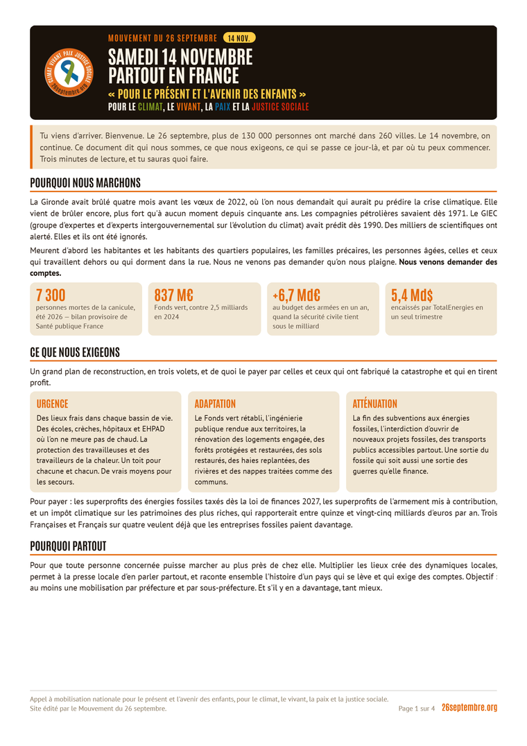 Première page du document « Bienvenue dans le mouvement du 26 septembre »