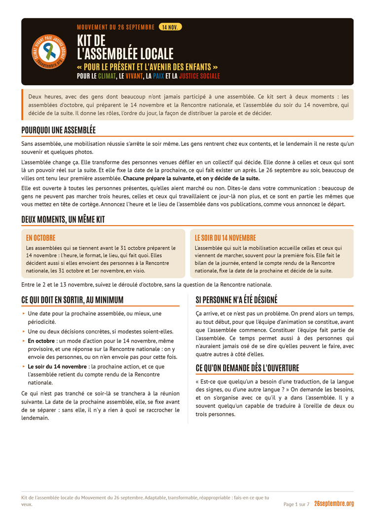 Première page du document « Kit de l'assemblée locale »