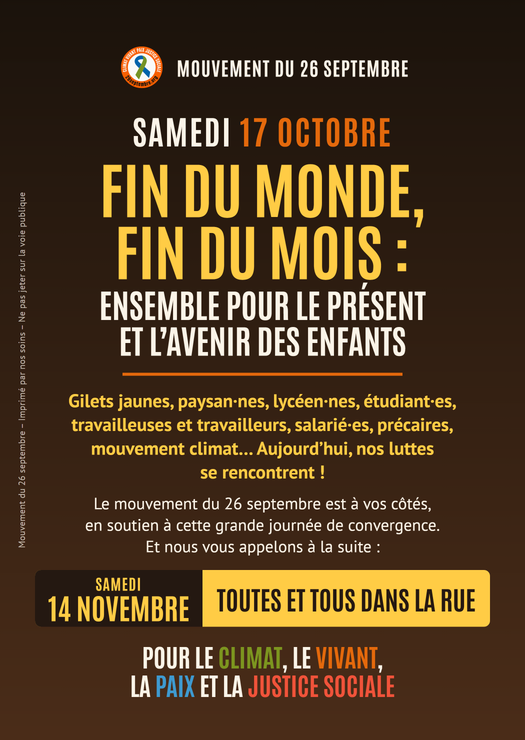 Tract A6, recto (Fin du monde, fin du mois : ensemble pour le présent et l'avenir des enfants)