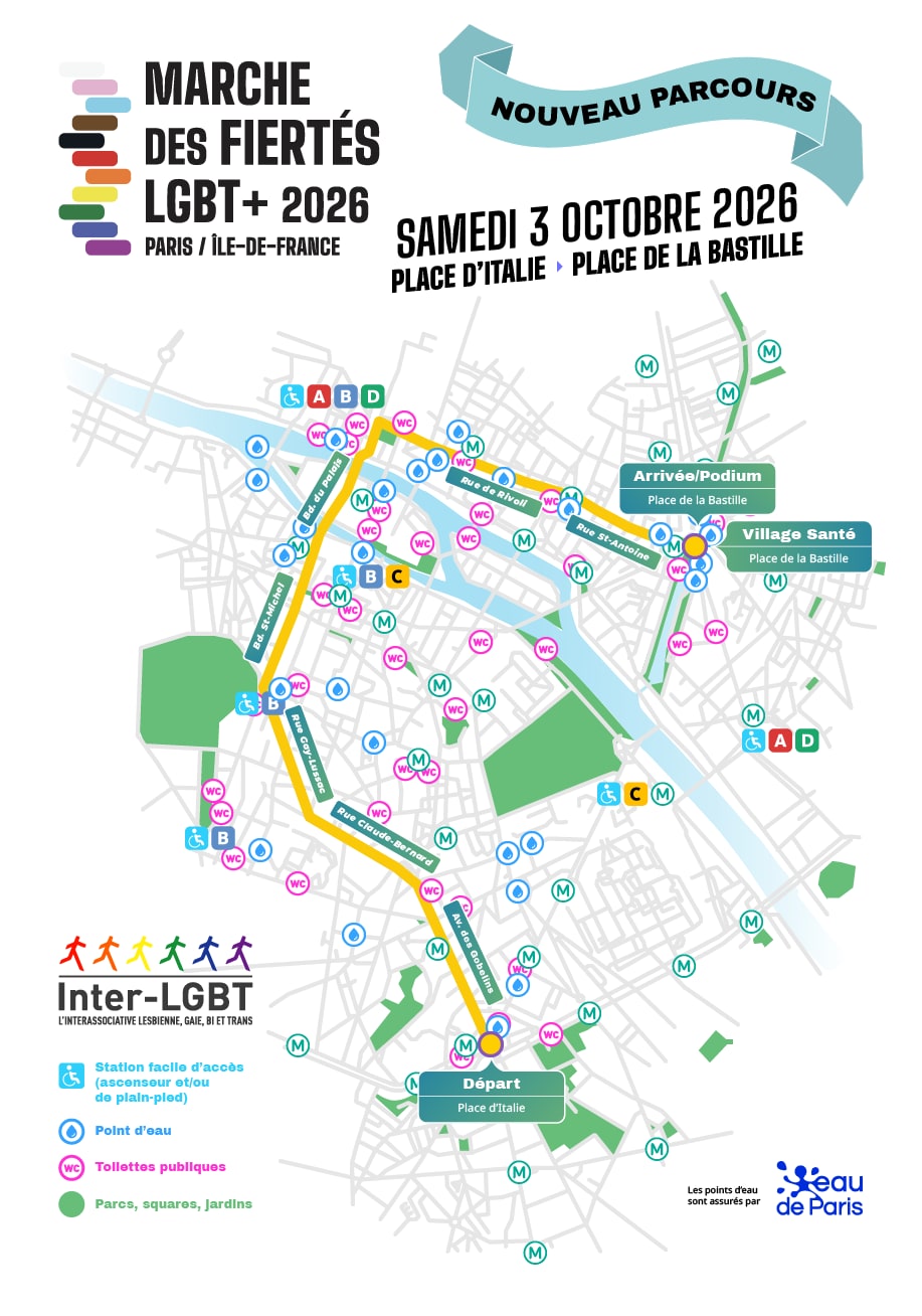 Plan du nouveau parcours de la Marche des Fiertés LGBT+ 2026, samedi 3 octobre : de la place d’Italie à la place de la Bastille par l’avenue des Gobelins, les rues Claude-Bernard et Gay-Lussac, les boulevards Saint-Michel, du Palais et de Sébastopol, puis les rues de Rivoli et Saint-Antoine, avec les points d’eau, toilettes et stations accessibles.